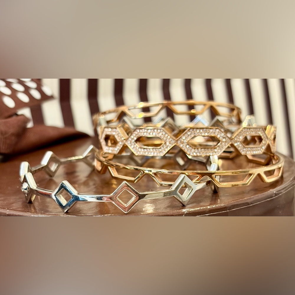 HENRI BENDEL Rose Gold/Silver-Tone Stackable Bangle Geometric/Honeycomb/Openwork - Picture 9 of 10
